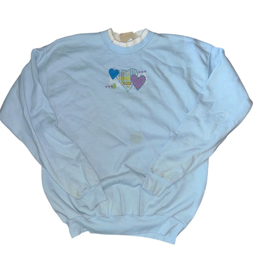 Vintage Top Stitch by Morning Sun Heart Applique Sweatshirt Light Blue Large